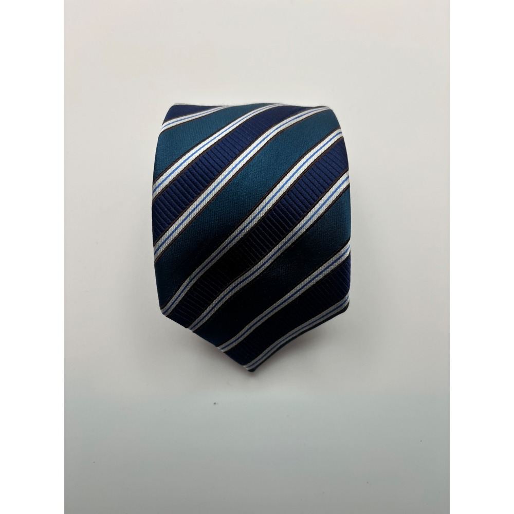 Countess Mara Mens Silk Necktie Teal Navy Blue White Striped Handmade Tie